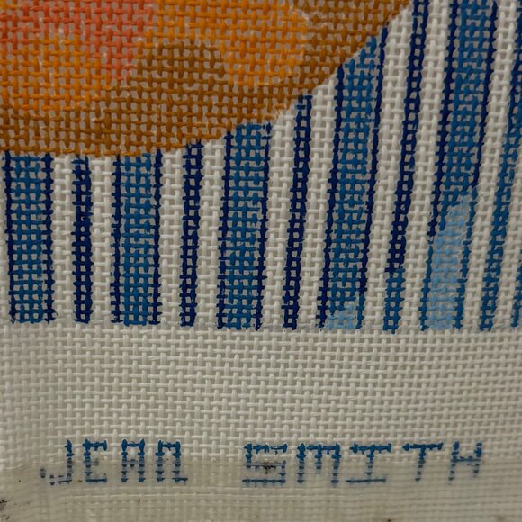 Vintage‎ Jean Smith Orange Blue Stripe Floral Needlepoint Art Canvas Fruit 18" - Picture 3 of 4